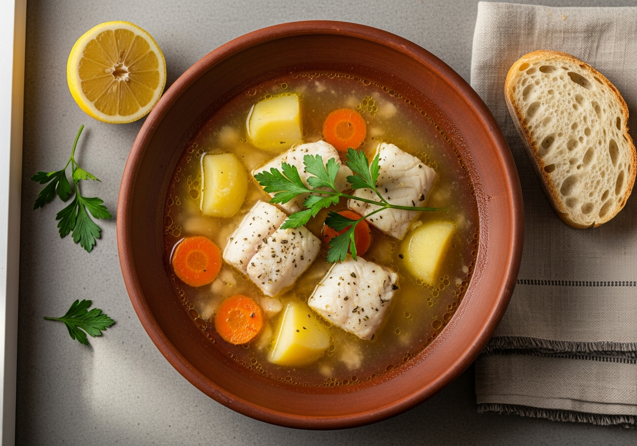 kakavia recipe Greek fish soup in a rustic earthenware bowl with lemon and parsley