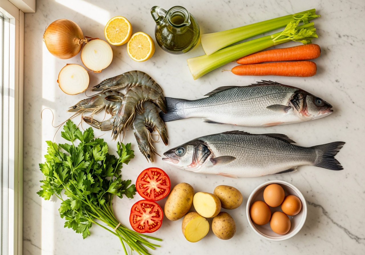 ingredients for kakavia recipe Greek fish soup arranged on a marble surface