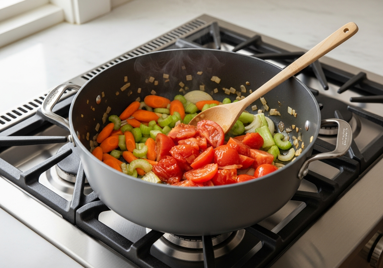 celery carrots and tomatoes added to the pot for kakavia Greek fishermans soup