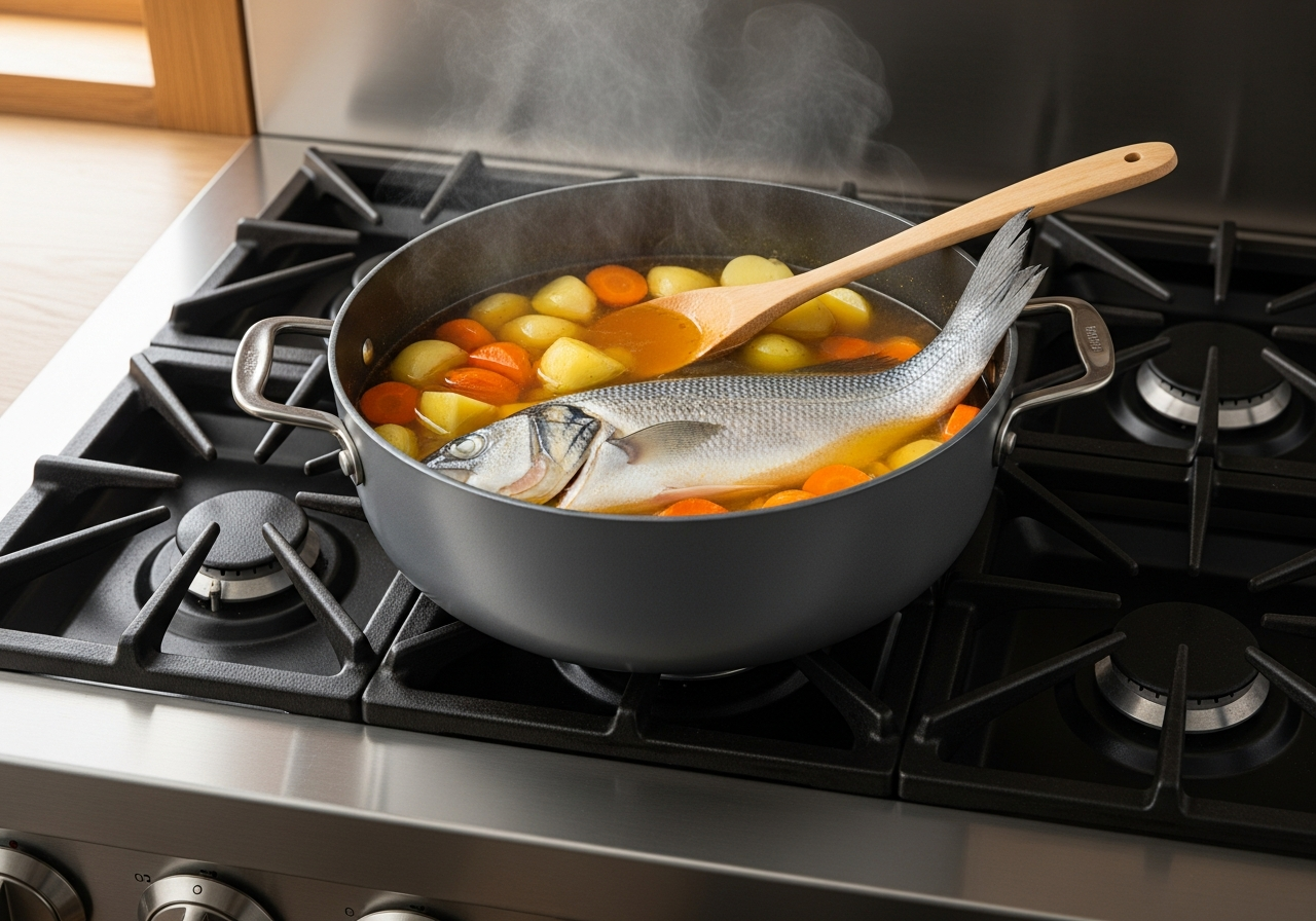 adding whole fish to the broth for kakavia Greek fishermans soup