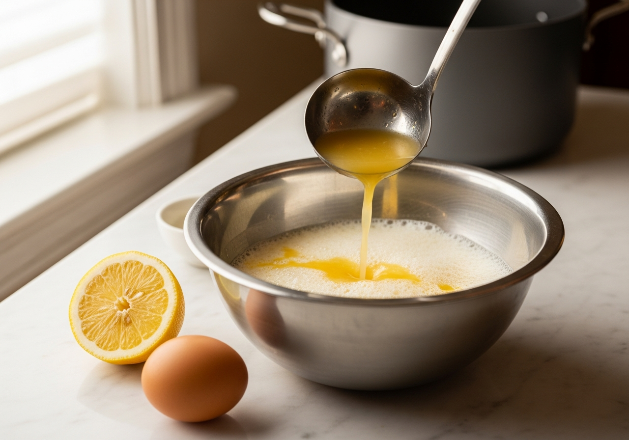 avgolemono tempering step for kakavia recipe whisking eggs and lemon with hot broth