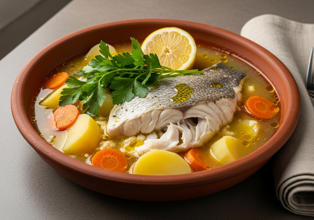 finished kakavia recipe Greek fish soup with avgolemono broth fresh parsley and lemon