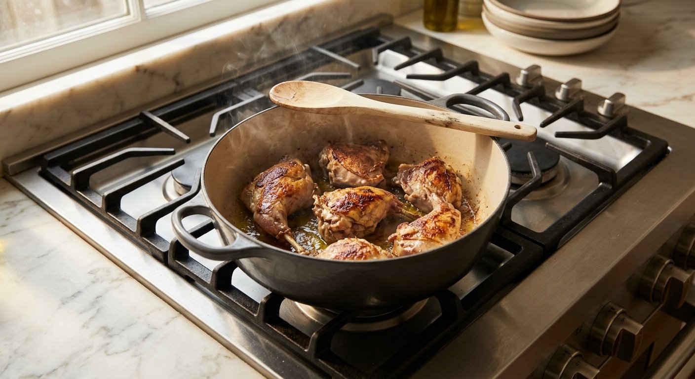 Lagoto Recipe: The Authentic 1-Pot Kos Rabbit Stew Chef Niko's Mother Made Every Sunday 7 Lagoto recipe step 1 — browning rabbit pieces in a Dutch oven