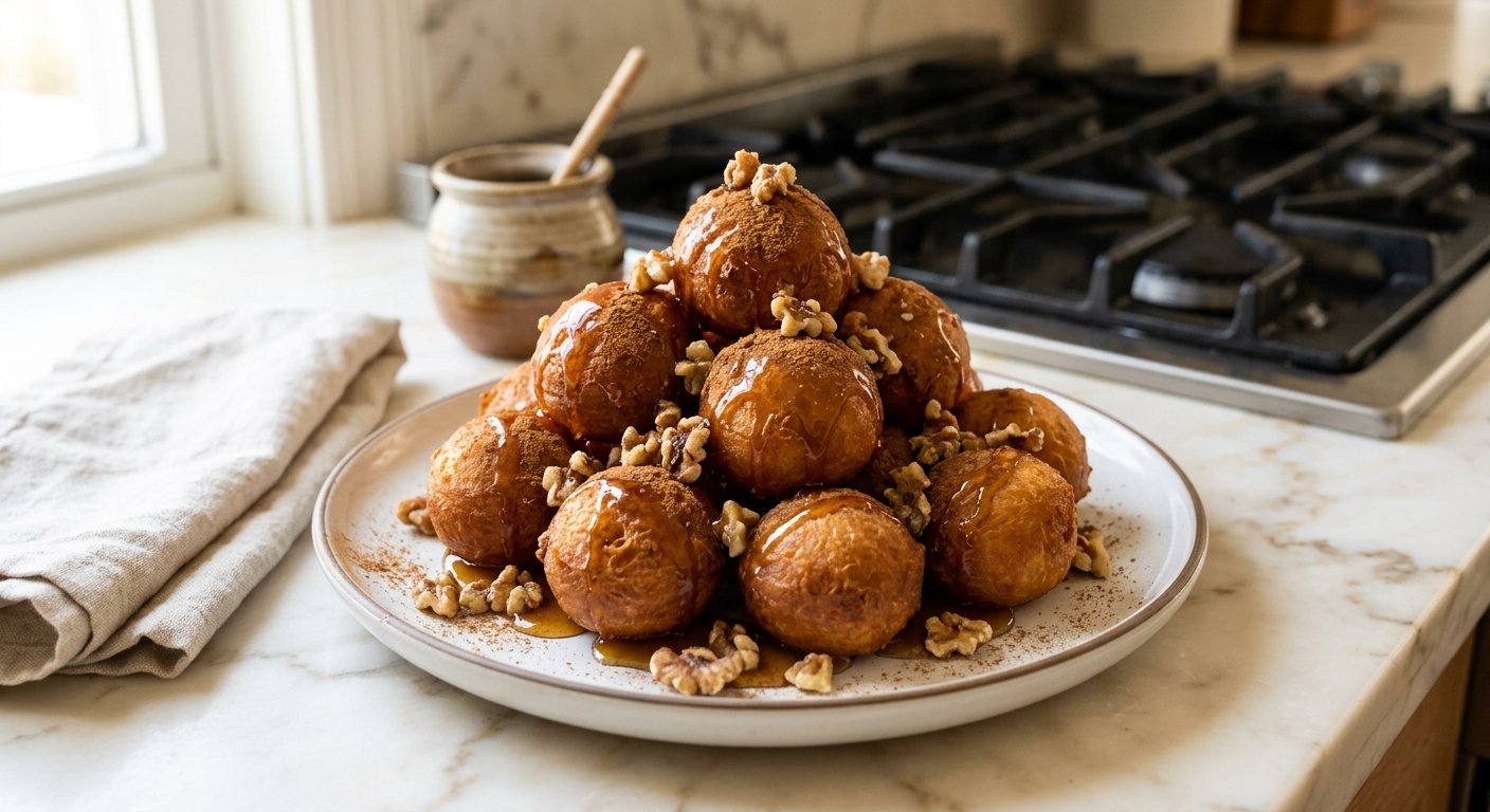 Traditional Loukoumades: 5 Tips for Light, Crispy Greek Honey Donuts 13 loukoumades recipe — Greek honey donuts piled on a white plate with honey drizzle, cinnamon, and walnuts