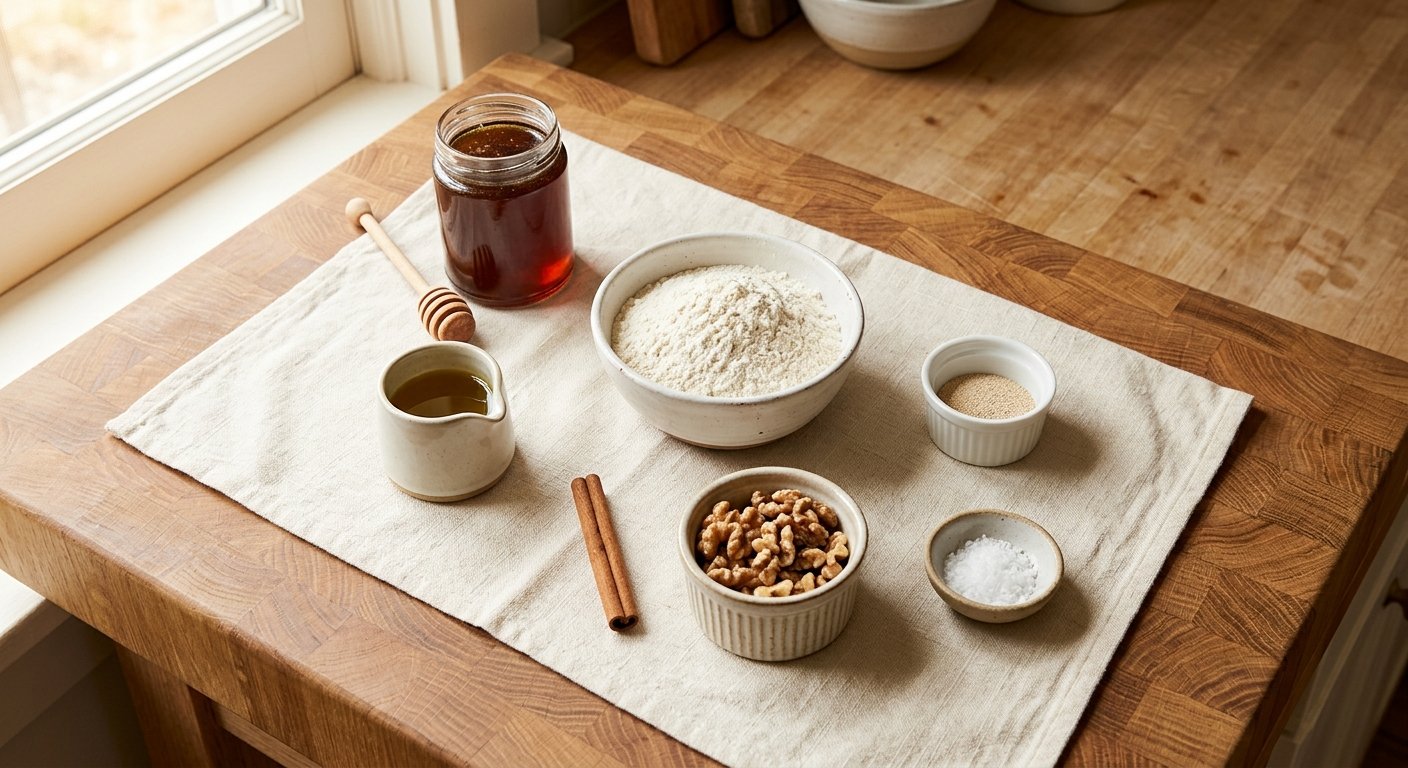 Traditional Loukoumades: 5 Tips for Light, Crispy Greek Honey Donuts 3 loukoumades recipe ingredients - yeast, flour, honey, walnuts, cinnamon, and olive oil on a linen surface