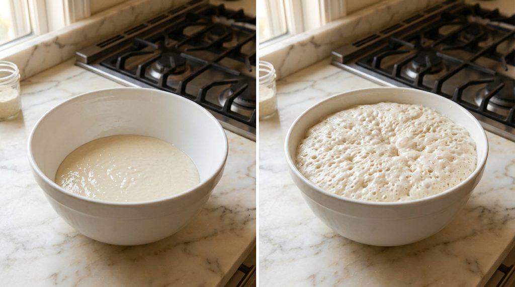 Traditional Loukoumades: 5 Tips for Light, Crispy Greek Honey Donuts 14 loukoumades recipe batter before and after the 1-hour yeast rise