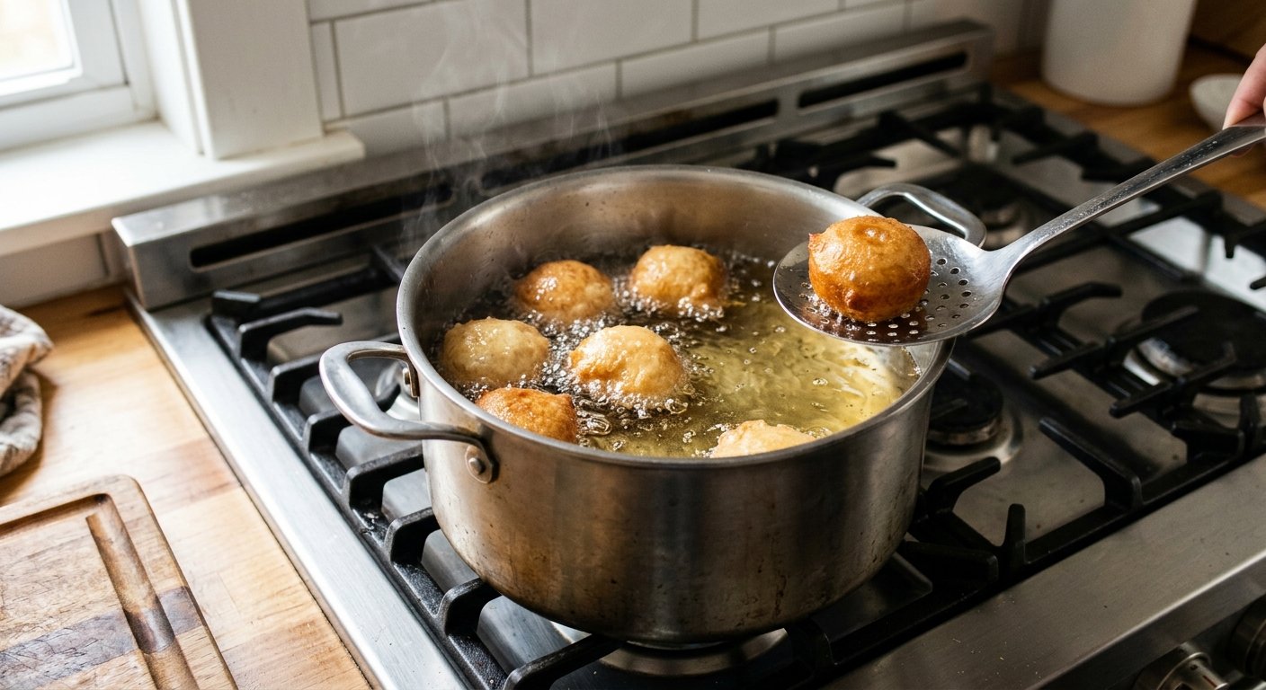 Traditional Loukoumades: 5 Tips for Light, Crispy Greek Honey Donuts 7 frying loukoumades recipe in hot oil - golden dough balls floating in the pan