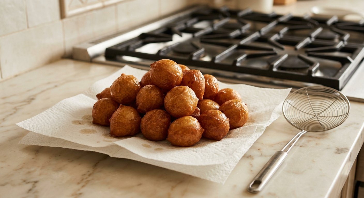 Traditional Loukoumades: 5 Tips for Light, Crispy Greek Honey Donuts 9 freshly fried loukoumades draining on paper towels, golden and crisp