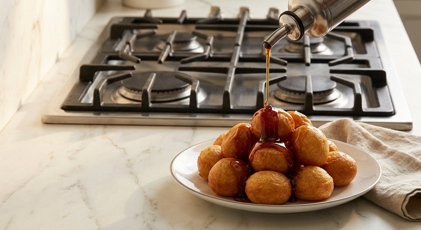 Traditional Loukoumades: 5 Tips for Light, Crispy Greek Honey Donuts 11 drizzling warm honey over a pile of loukoumades - action pour shot