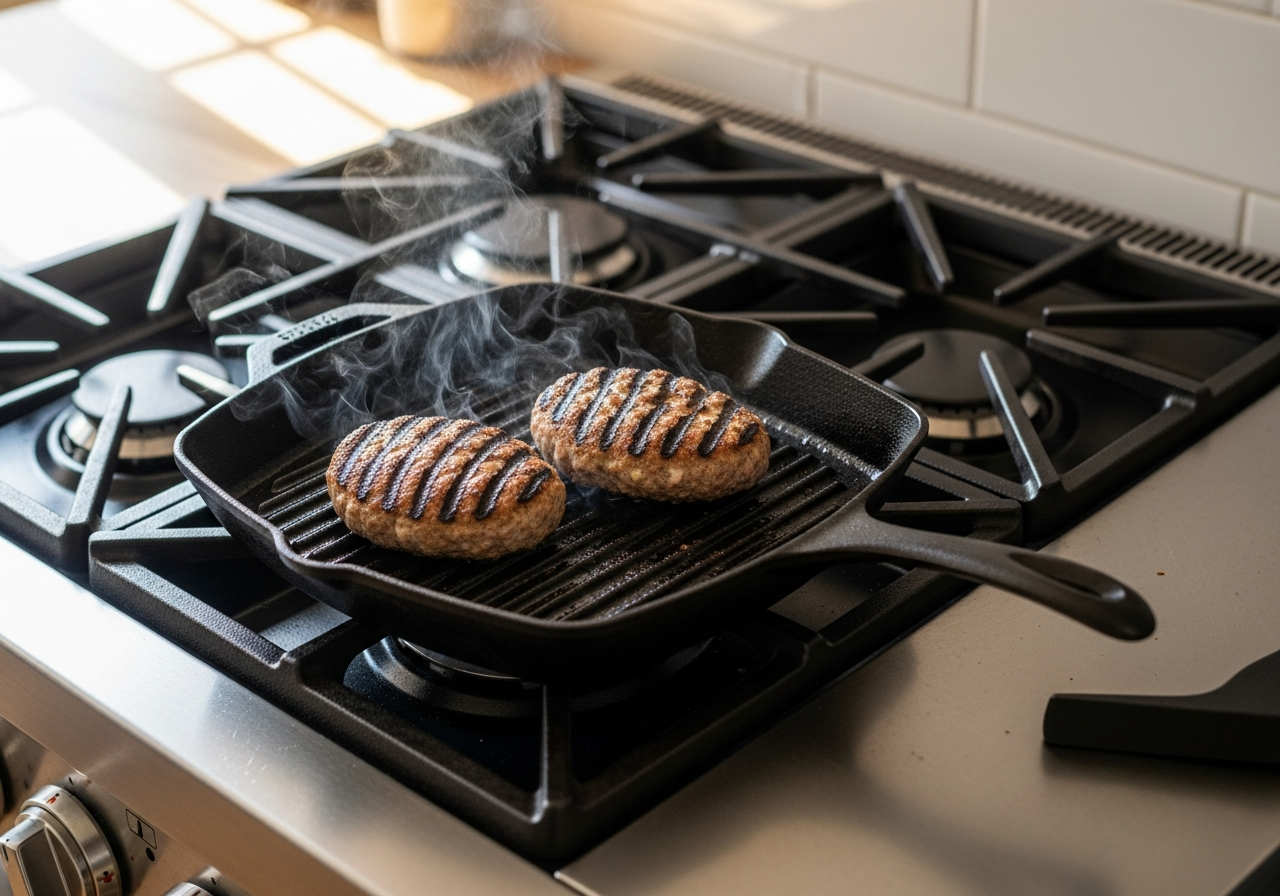 Mpifteki: Greek Stuffed Meat Patties with Feta in 4 Steps 11 Two mpifteki on cast-iron grill pan with char marks and steam rising