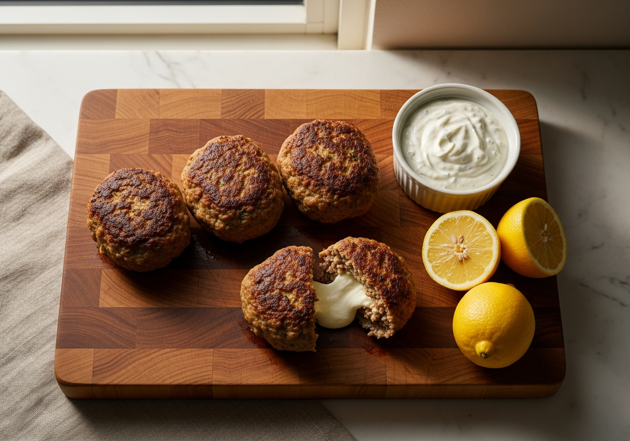 Mpifteki: Greek Stuffed Meat Patties with Feta in 4 Steps 3 Classic mpifteki recipe - Greek stuffed meat patties with feta on a wooden board