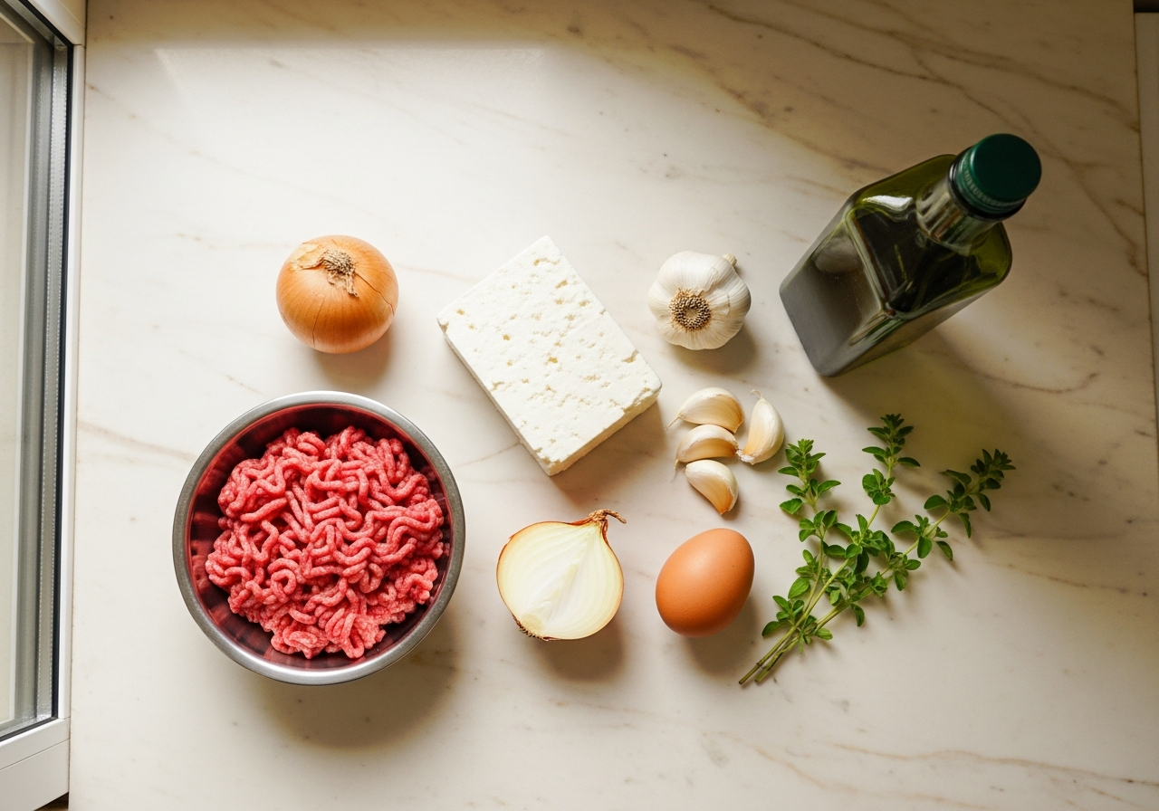 Mpifteki: Greek Stuffed Meat Patties with Feta in 4 Steps 5 Flat-lay of mpifteki ingredients: ground beef, feta, onion, garlic, egg, oregano, olive oil