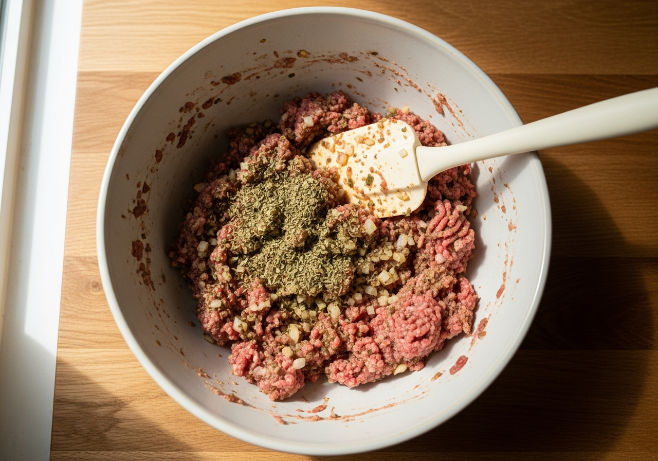 Mpifteki: Greek Stuffed Meat Patties with Feta in 4 Steps 7 Ground beef and herb mixture in a wide ceramic bowl, just combined