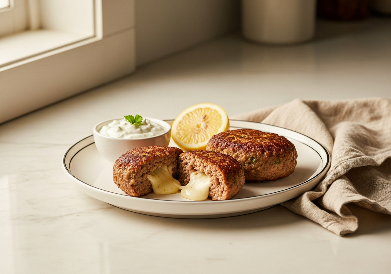Mpifteki: Greek Stuffed Meat Patties with Feta in 4 Steps 13 Two plated mpifteki, one sliced open showing molten feta interior, with tzatziki and lemon