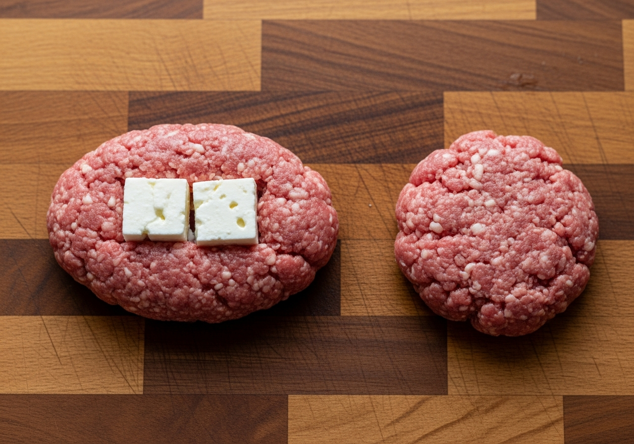 Mpifteki: Greek Stuffed Meat Patties with Feta in 4 Steps 9 Raw meat patty being formed around feta cube on a butcher block