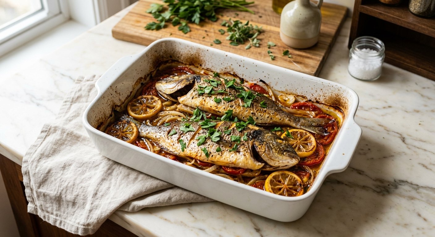 Psari Plaki: 1 Classic Greek Baked Fish Recipe with Tomatoes and Olive Oil 3 psari plaki hero