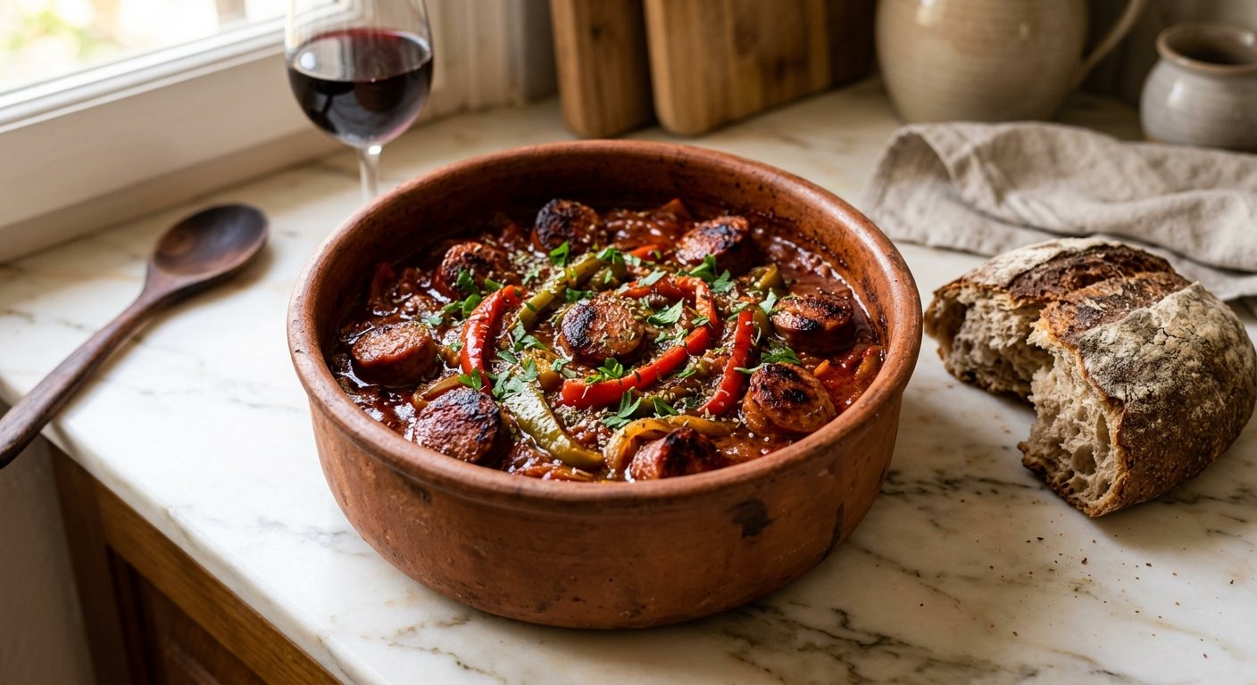 Spetzofai Recipe: 1-Pot Greek Sausage and Pepper Stew From the Pelion Mountains 3 Authentic spetzofai recipe in a clay pot — Greek sausage and pepper stew in rich tomato sauce