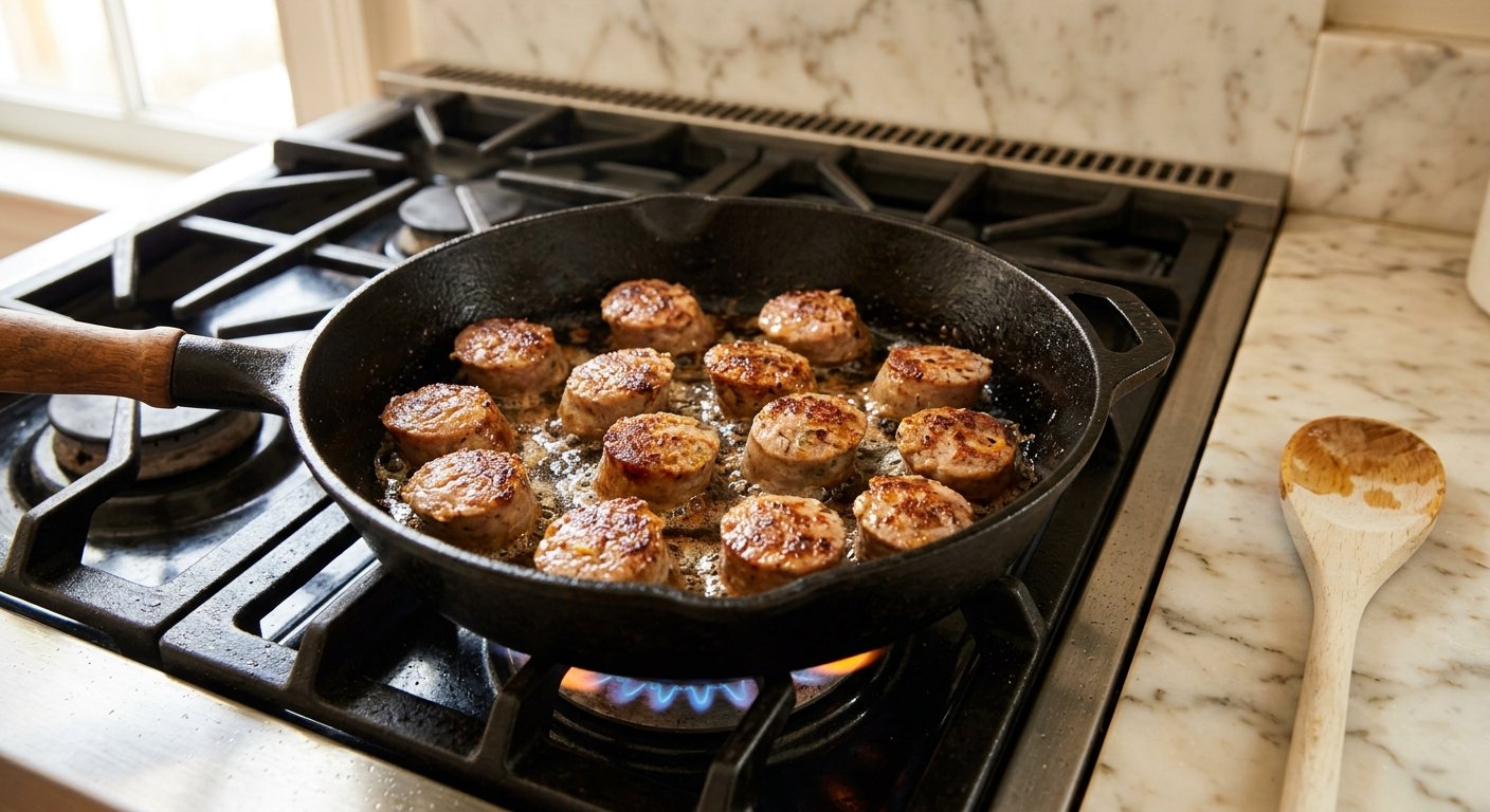Spetzofai Recipe: 1-Pot Greek Sausage and Pepper Stew From the Pelion Mountains 5 Browning loukaniko sausage rounds for spetzofai recipe — the critical first step