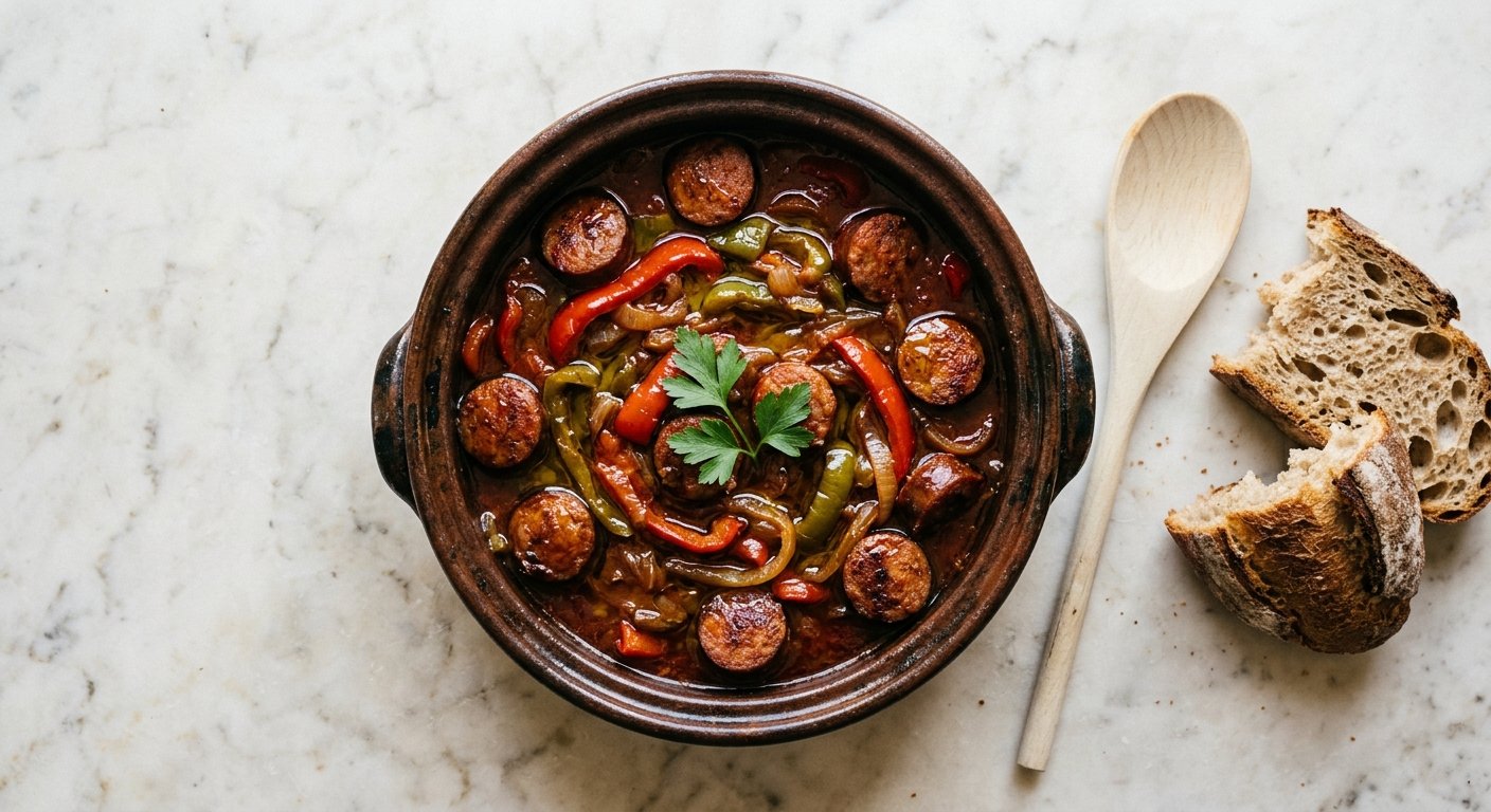 Spetzofai Recipe: 1-Pot Greek Sausage and Pepper Stew From the Pelion Mountains 7 Spetzofai recipe simmering to completion — Greek sausage and pepper stew in the pan