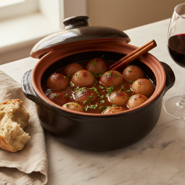 Authentic stifado recipe — Greek beef and onion stew in a clay pot with pearl onions and warming spices