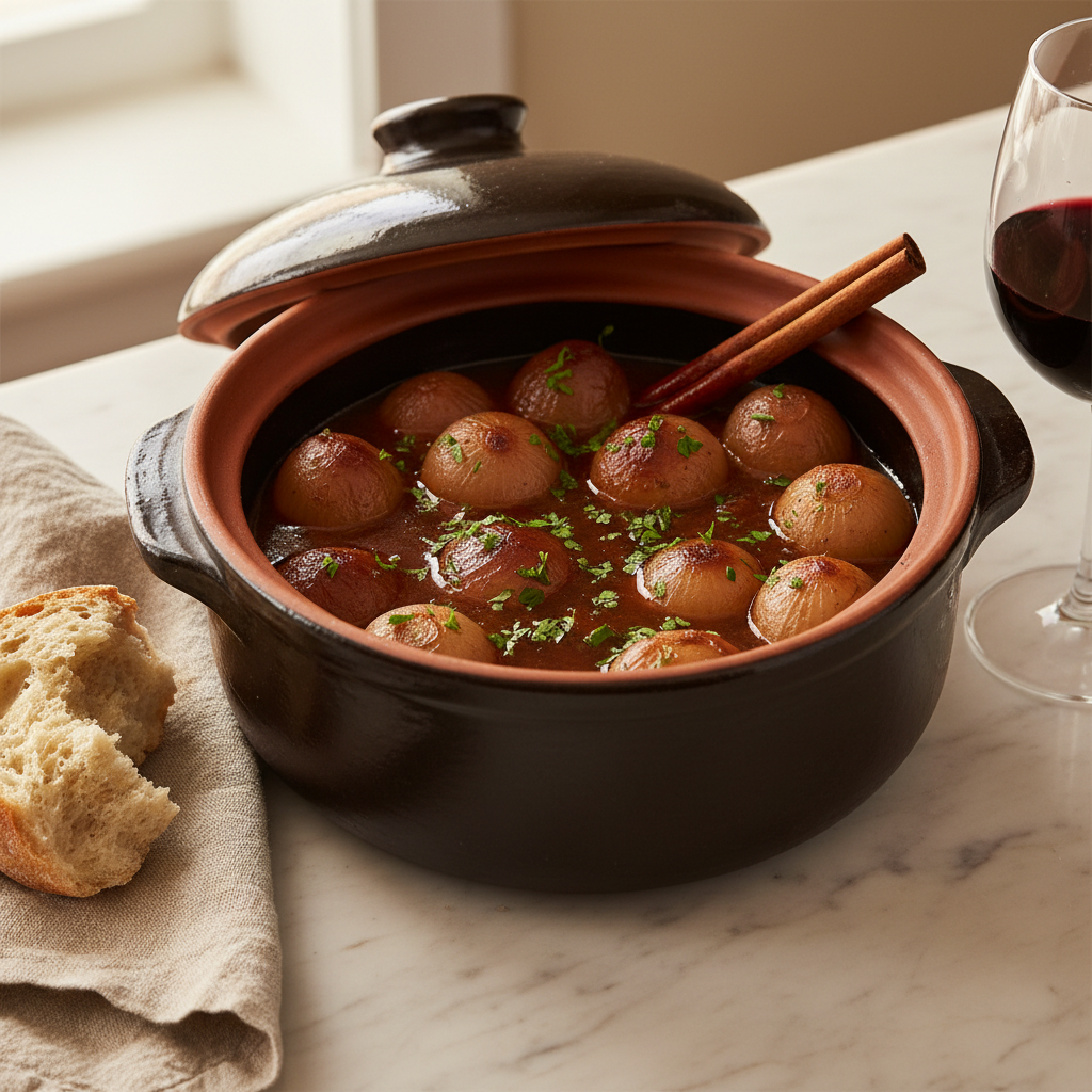 Authentic stifado recipe — Greek beef and onion stew in a clay pot with pearl onions and warming spices