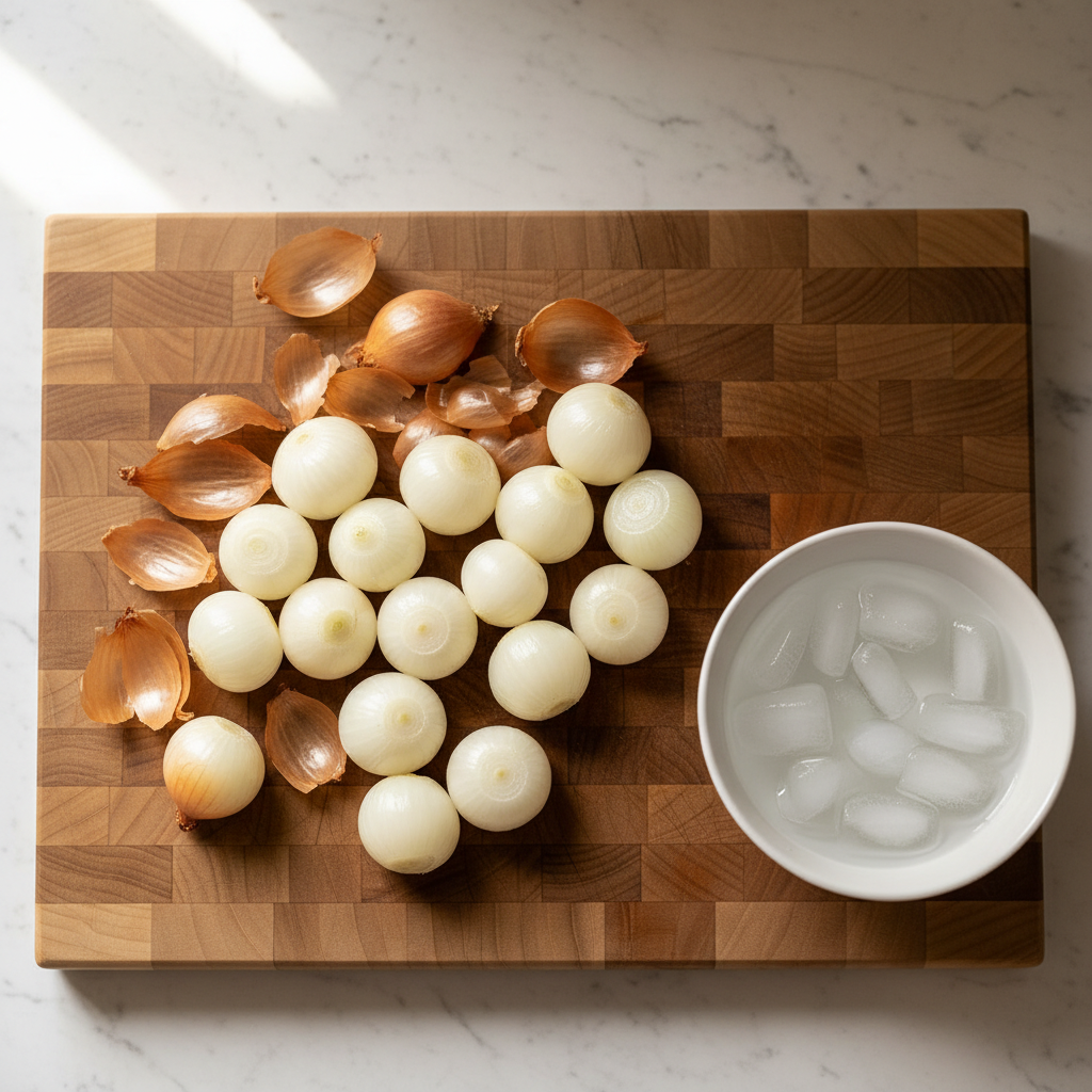 Peeling pearl onions for stifado recipe — blanching in hot water makes them easy to peel