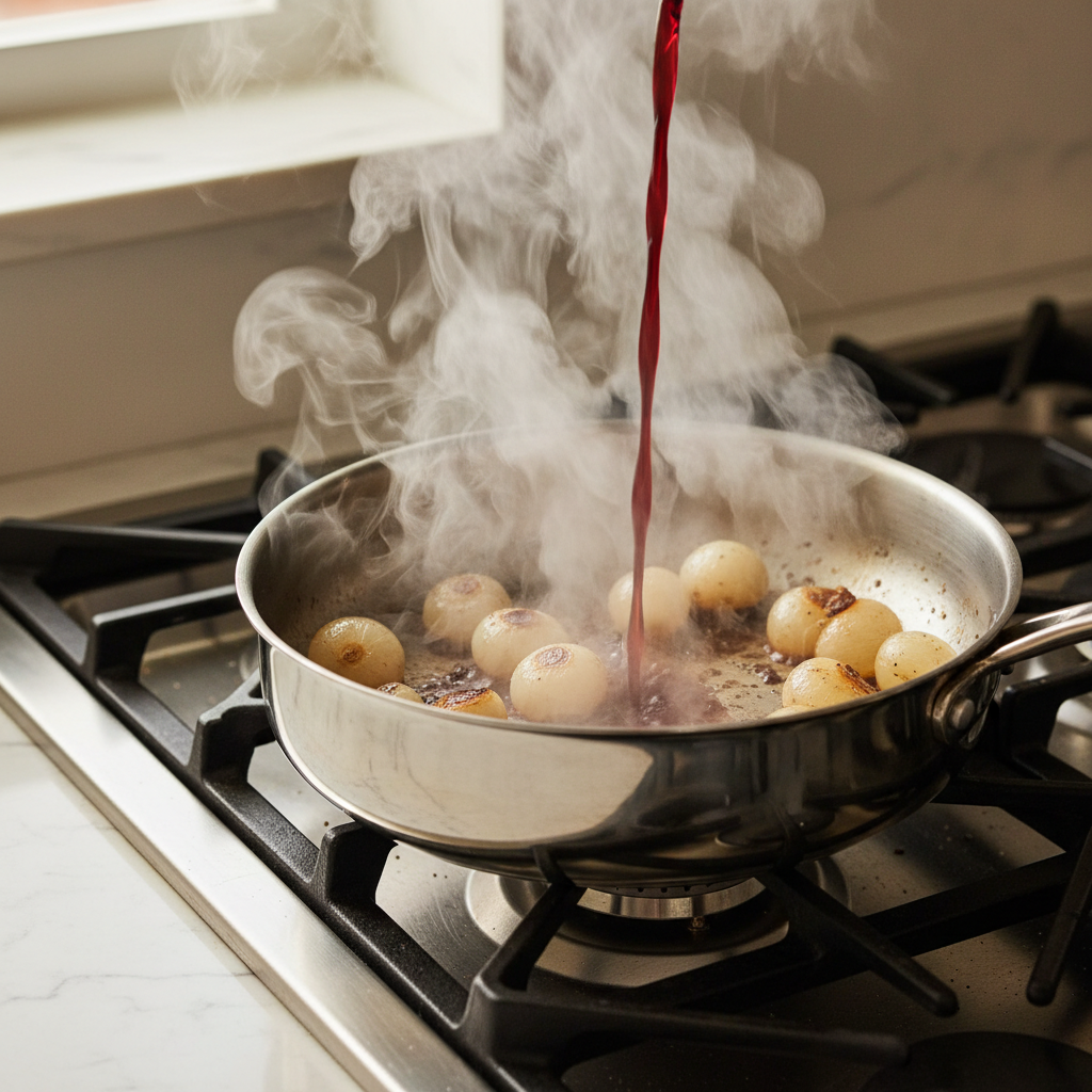 Deglazing with red wine for stifado recipe — Greek beef and onion stew