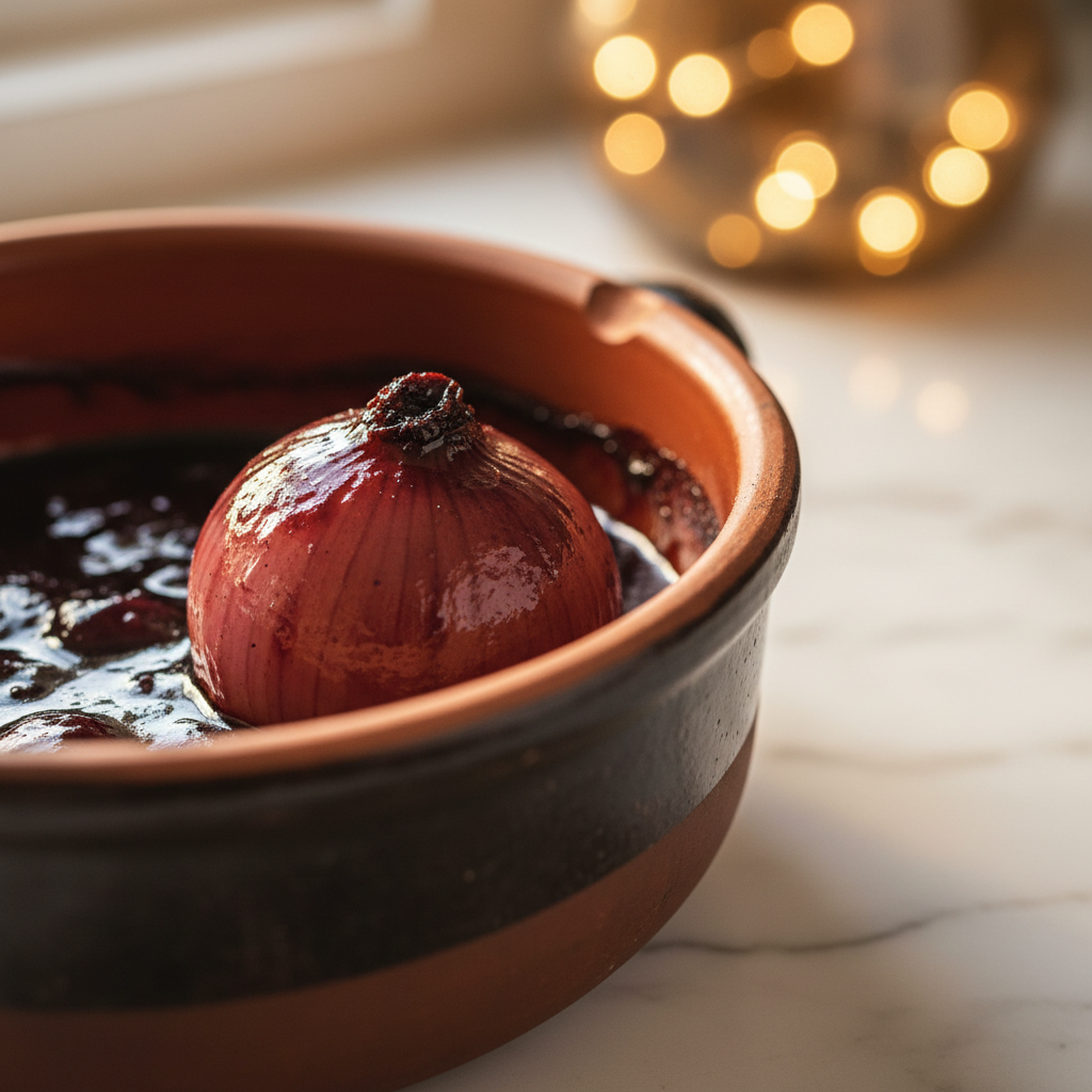Close-up of pearl onions in stifado recipe — Greek beef and onion stew with cinnamon and red wine